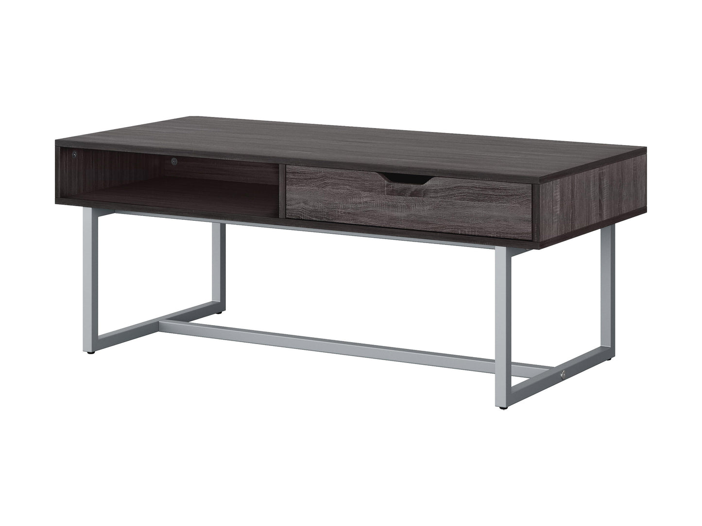Modern rectangular coffee table in grey with a sleek, minimalist design featuring a smooth, matte finish, sturdy metal legs, and a spacious surface perfect for living rooms or offices.