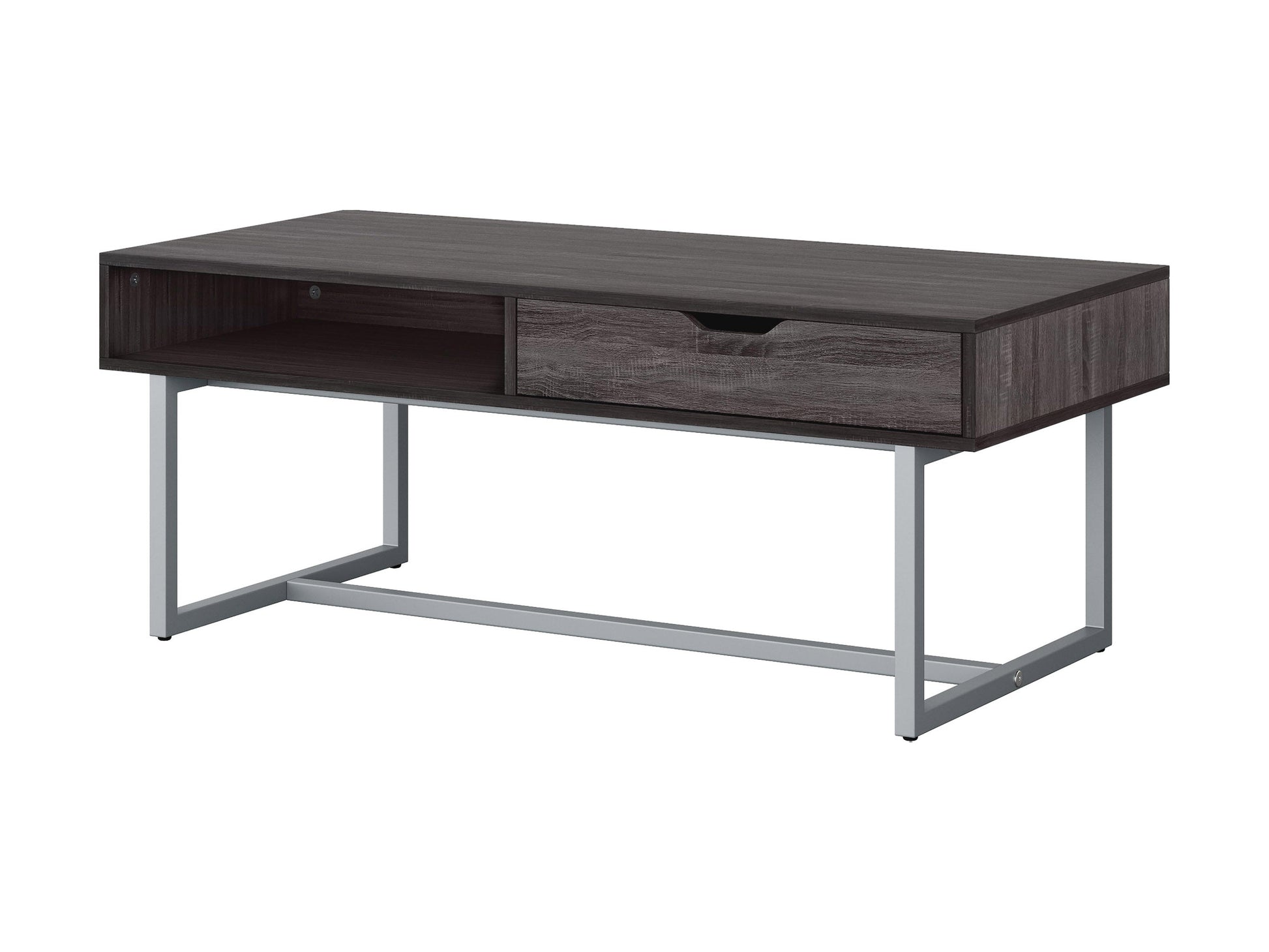 Modern rectangular coffee table in grey with a sleek, minimalist design featuring a smooth, matte finish, sturdy metal legs, and a spacious surface perfect for living rooms or offices.