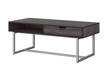 Modern rectangular coffee table in grey with a sleek, minimalist design featuring a smooth, matte finish, sturdy metal legs, and a spacious surface perfect for living rooms or offices.