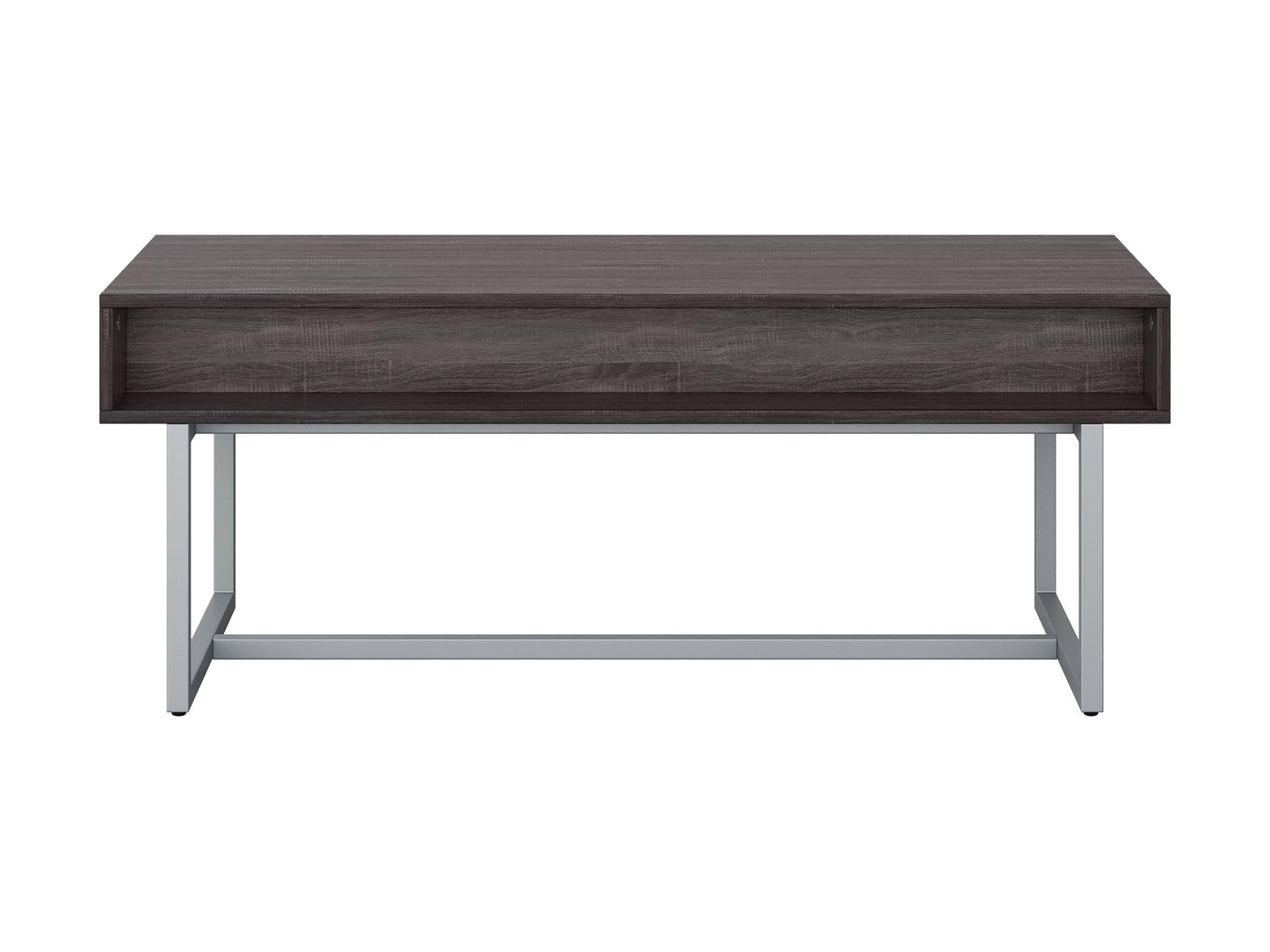 Modern rectangular coffee table in grey with a sleek, minimalist design featuring a smooth, matte finish, sturdy metal legs, and a spacious surface perfect for living rooms or offices.