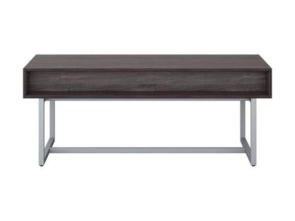 Modern rectangular coffee table in grey with a sleek, minimalist design featuring a smooth, matte finish, sturdy metal legs, and a spacious surface perfect for living rooms or offices.