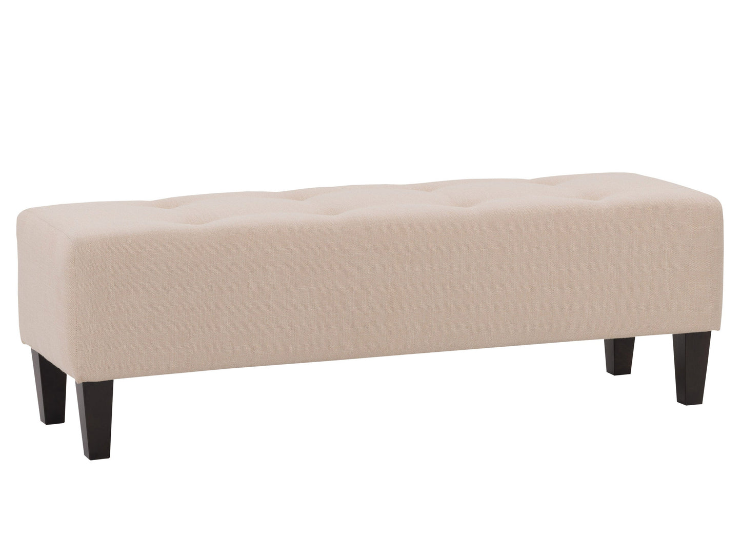 Cream accent bench with tufted upholstery, wooden legs, and a sleek design. The bench features a soft, cream-colored fabric with button detailing and dark wooden legs, perfect for entryways or living rooms.