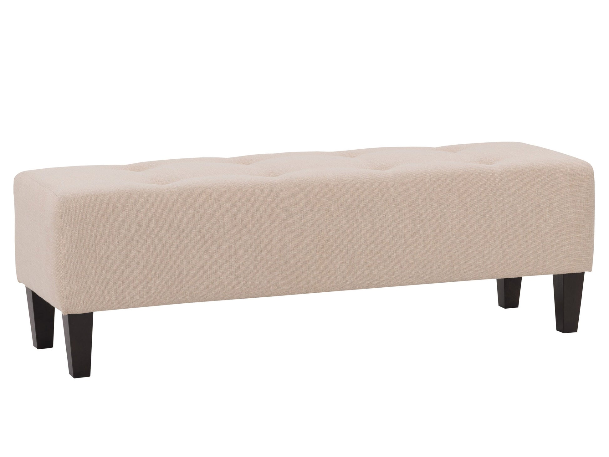 Cream accent bench with tufted upholstery, wooden legs, and a sleek design. The bench features a soft, cream-colored fabric with button detailing and dark wooden legs, perfect for entryways or living rooms.