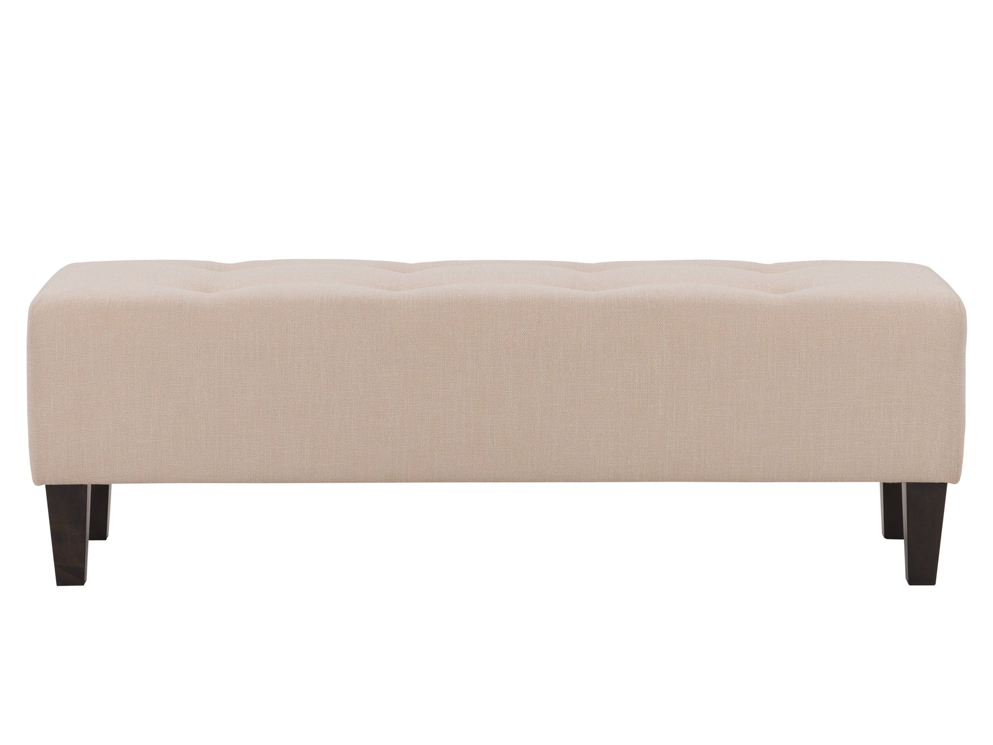 Cream accent bench with tufted upholstery, wooden legs, and a sleek design. The bench features a soft, cream-colored fabric with button detailing and dark wooden legs, perfect for entryways or living rooms.