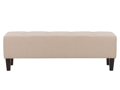 Cream accent bench with tufted upholstery, wooden legs, and a sleek design. The bench features a soft, cream-colored fabric with button detailing and dark wooden legs, perfect for entryways or living rooms.