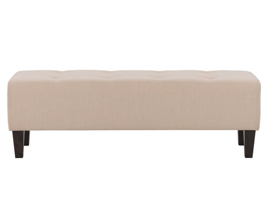 Cream accent bench with tufted upholstery, wooden legs, and a sleek design. The bench features a soft, cream-colored fabric with button detailing and dark wooden legs, perfect for entryways or living rooms.