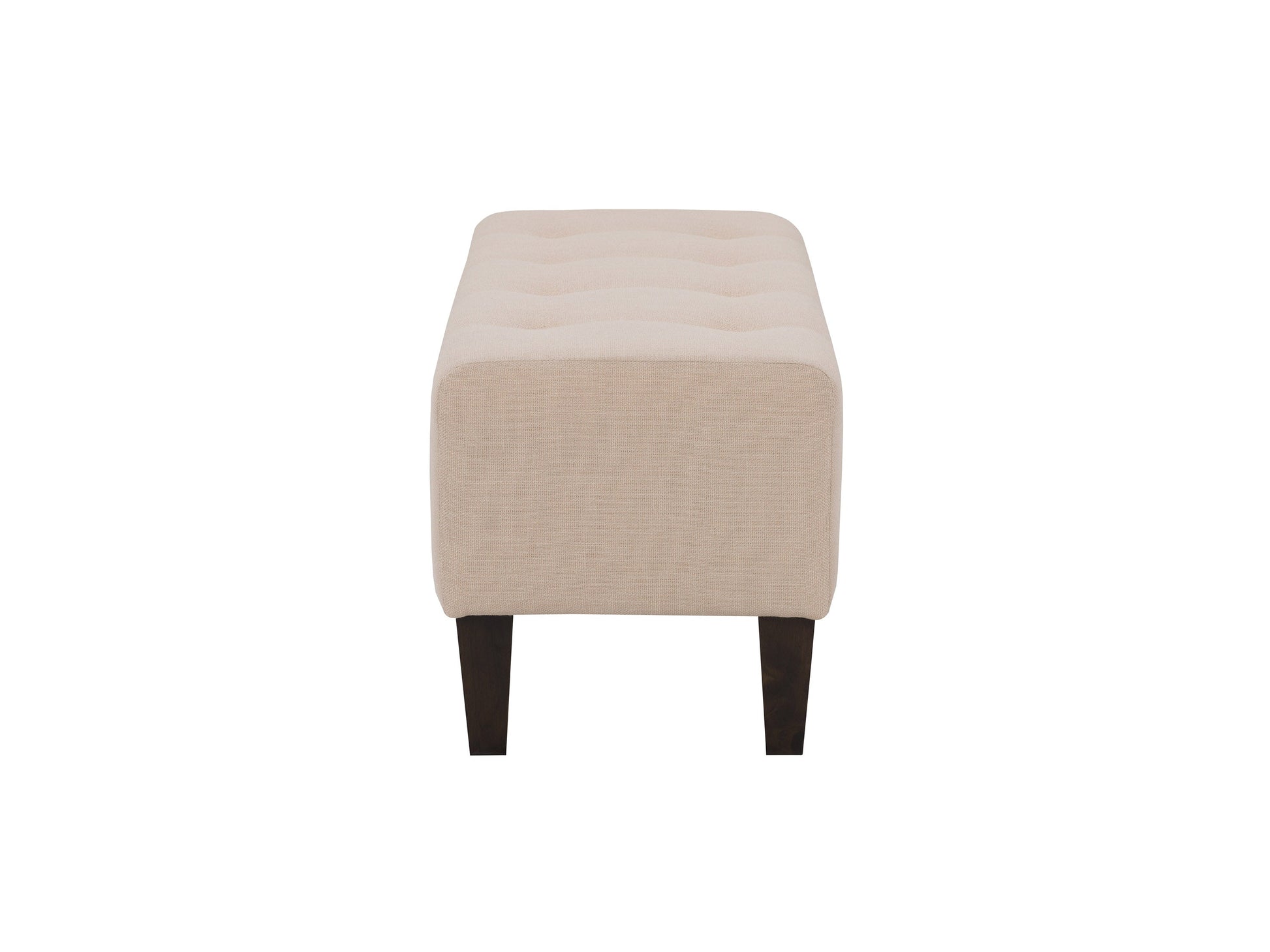 Cream accent bench with tufted upholstery, wooden legs, and a sleek design. The bench features a soft, cream-colored fabric with button detailing and dark wooden legs, perfect for entryways or living rooms.