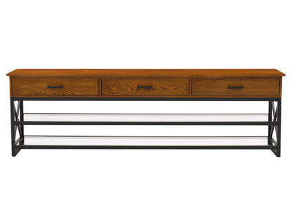 Cherry brown TV stand for TVs up to 95 inches, featuring sleek design, ample storage with shelves and cabinets, crafted from high-quality wood, perfect for modern living rooms.