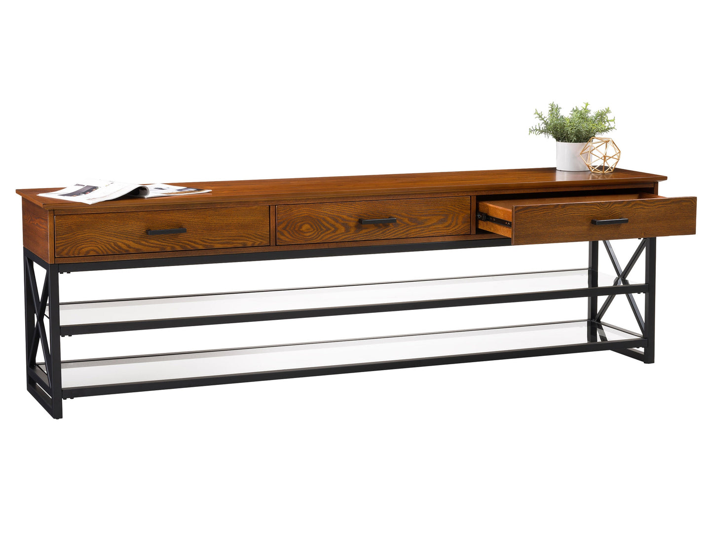 Cherry brown TV stand for TVs up to 95 inches, featuring sleek design, ample storage with shelves and cabinets, crafted from high-quality wood, perfect for modern living rooms.