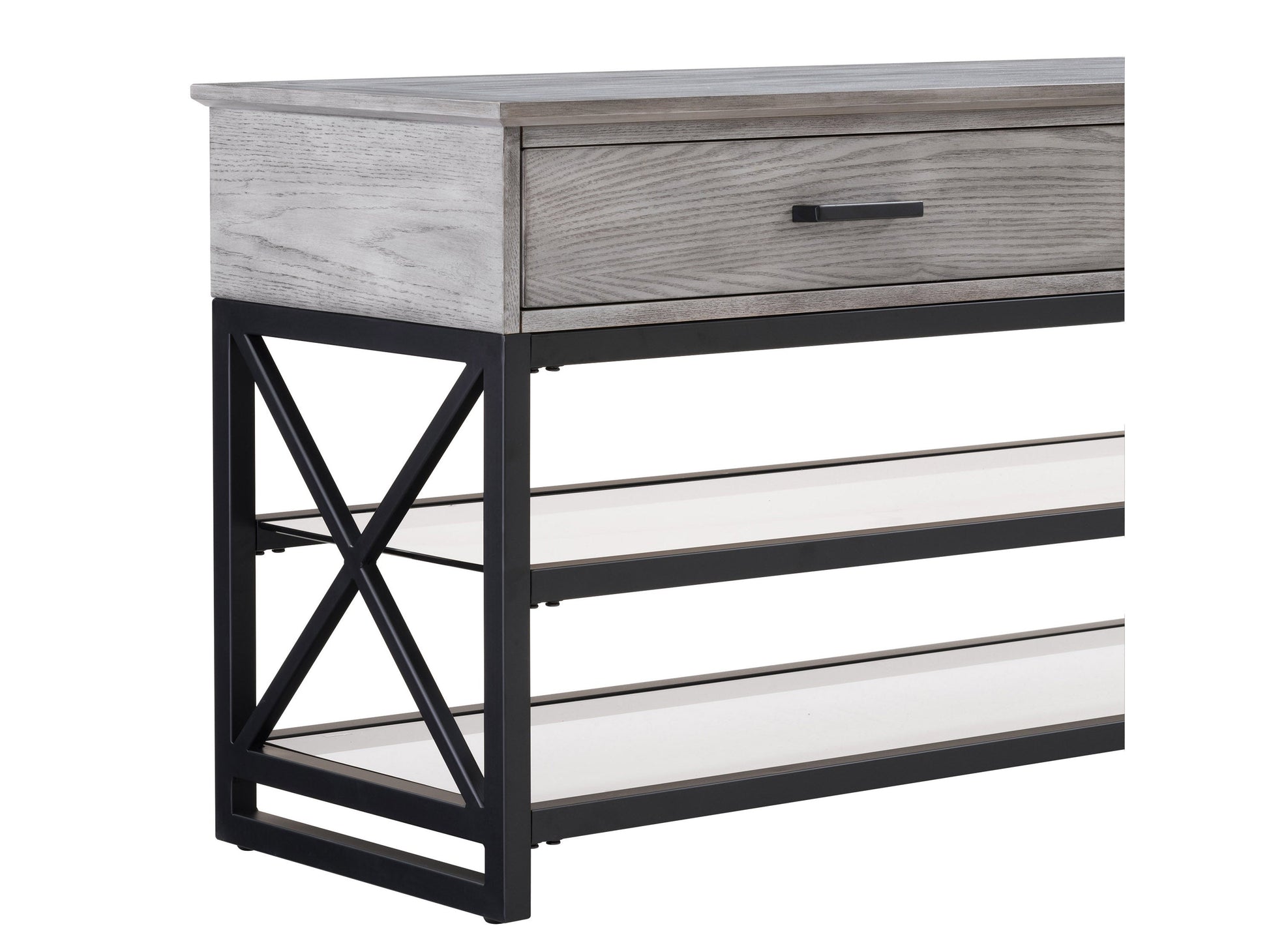 Grey TV stand for TVs up to 95 inches, featuring sleek modern design, durable wood construction, two spacious open shelves, and a minimalist style perfect for contemporary living rooms.