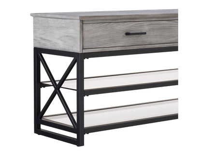 Grey TV stand for TVs up to 95 inches, featuring sleek modern design, durable wood construction, two spacious open shelves, and a minimalist style perfect for contemporary living rooms.