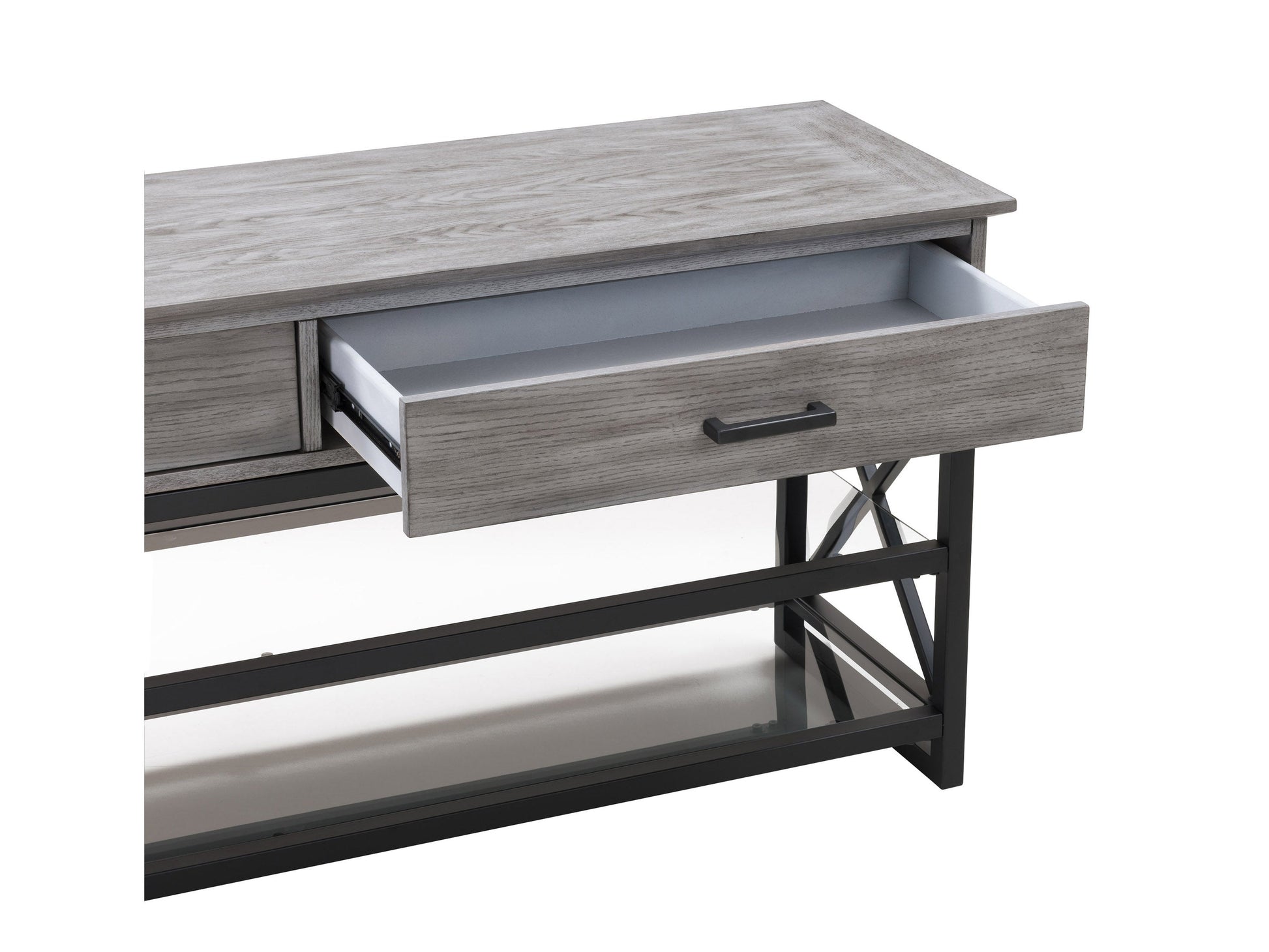 Grey TV stand for TVs up to 95 inches, featuring sleek modern design, durable wood construction, two spacious open shelves, and a minimalist style perfect for contemporary living rooms.