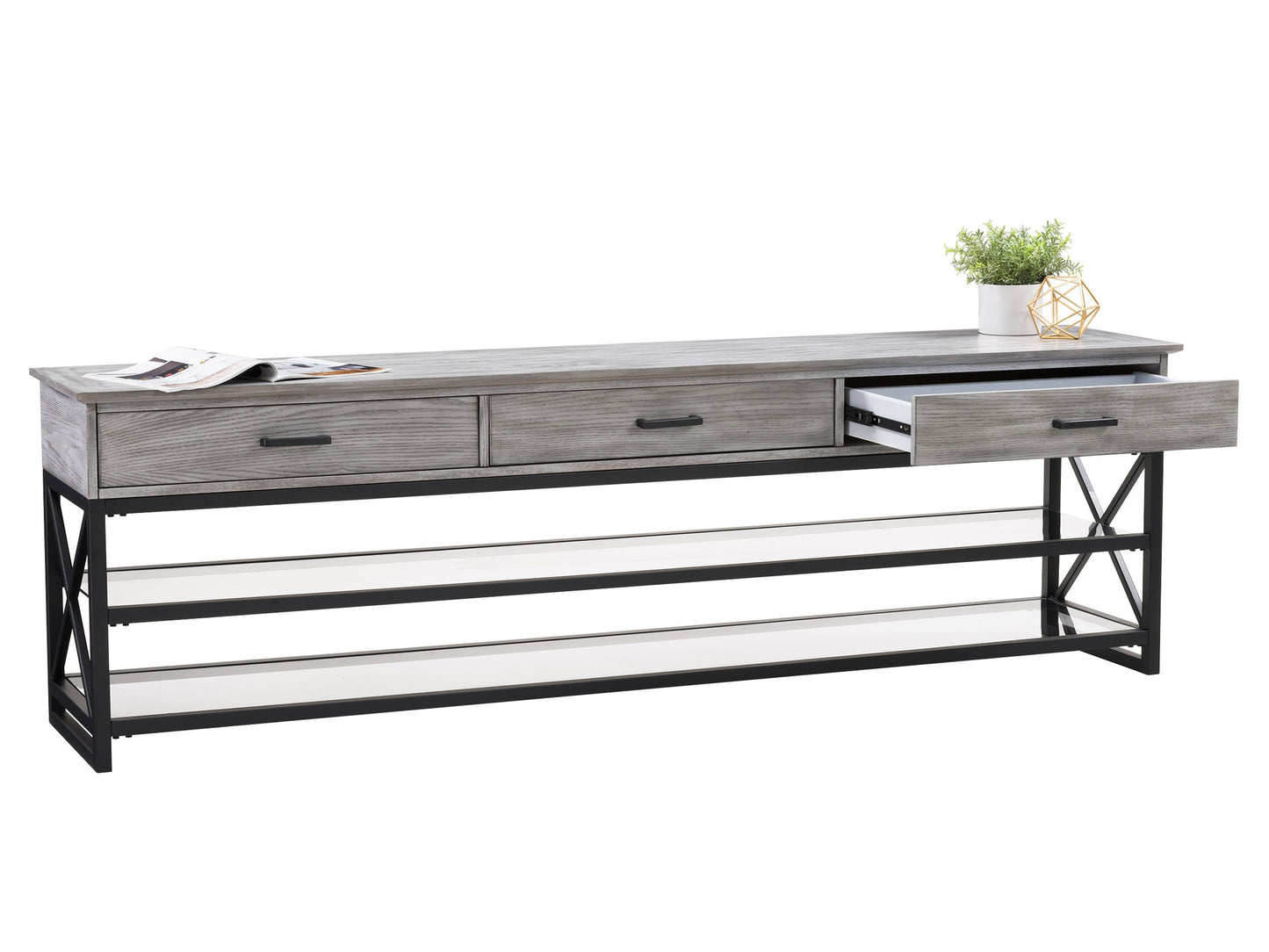 Grey TV stand for TVs up to 95 inches, featuring sleek modern design, durable wood construction, two spacious open shelves, and a minimalist style perfect for contemporary living rooms.