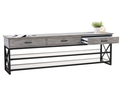 Grey TV stand for TVs up to 95 inches, featuring sleek modern design, durable wood construction, two spacious open shelves, and a minimalist style perfect for contemporary living rooms.