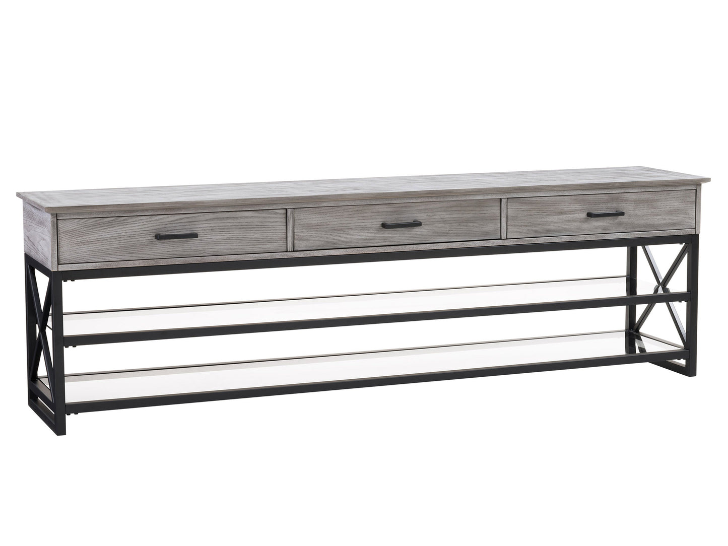 Grey TV stand for TVs up to 95 inches, featuring sleek modern design, durable wood construction, two spacious open shelves, and a minimalist style perfect for contemporary living rooms.