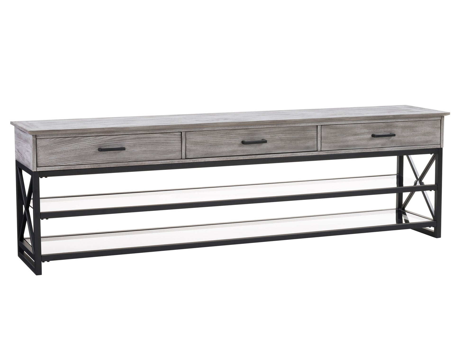 Grey TV stand for TVs up to 95 inches, featuring sleek modern design, durable wood construction, two spacious open shelves, and a minimalist style perfect for contemporary living rooms.