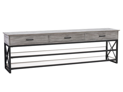 Grey TV stand for TVs up to 95 inches, featuring sleek modern design, durable wood construction, two spacious open shelves, and a minimalist style perfect for contemporary living rooms.