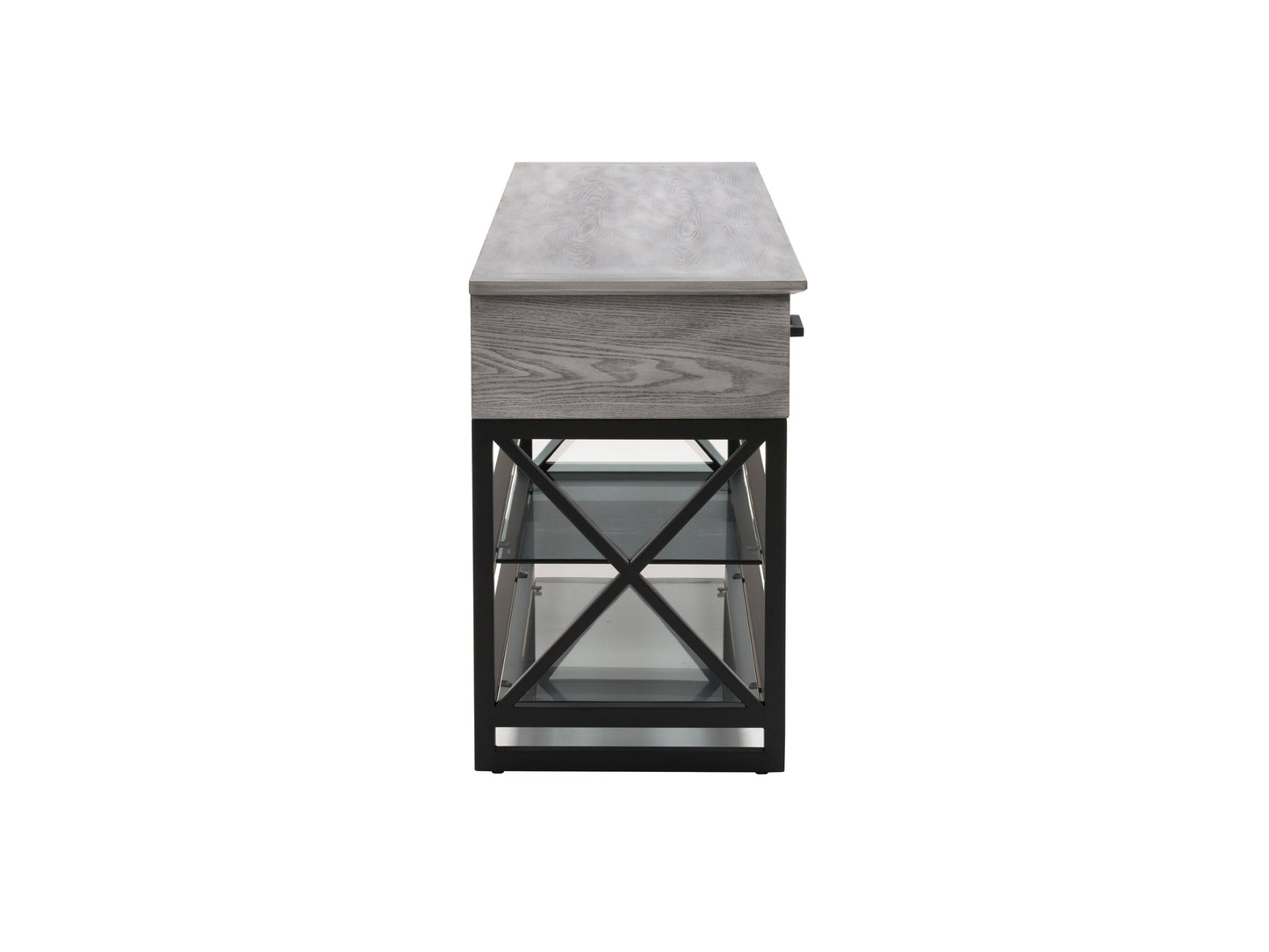 Grey TV stand for TVs up to 95 inches, featuring sleek modern design, durable wood construction, two spacious open shelves, and a minimalist style perfect for contemporary living rooms.