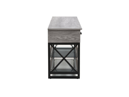 Grey TV stand for TVs up to 95 inches, featuring sleek modern design, durable wood construction, two spacious open shelves, and a minimalist style perfect for contemporary living rooms.