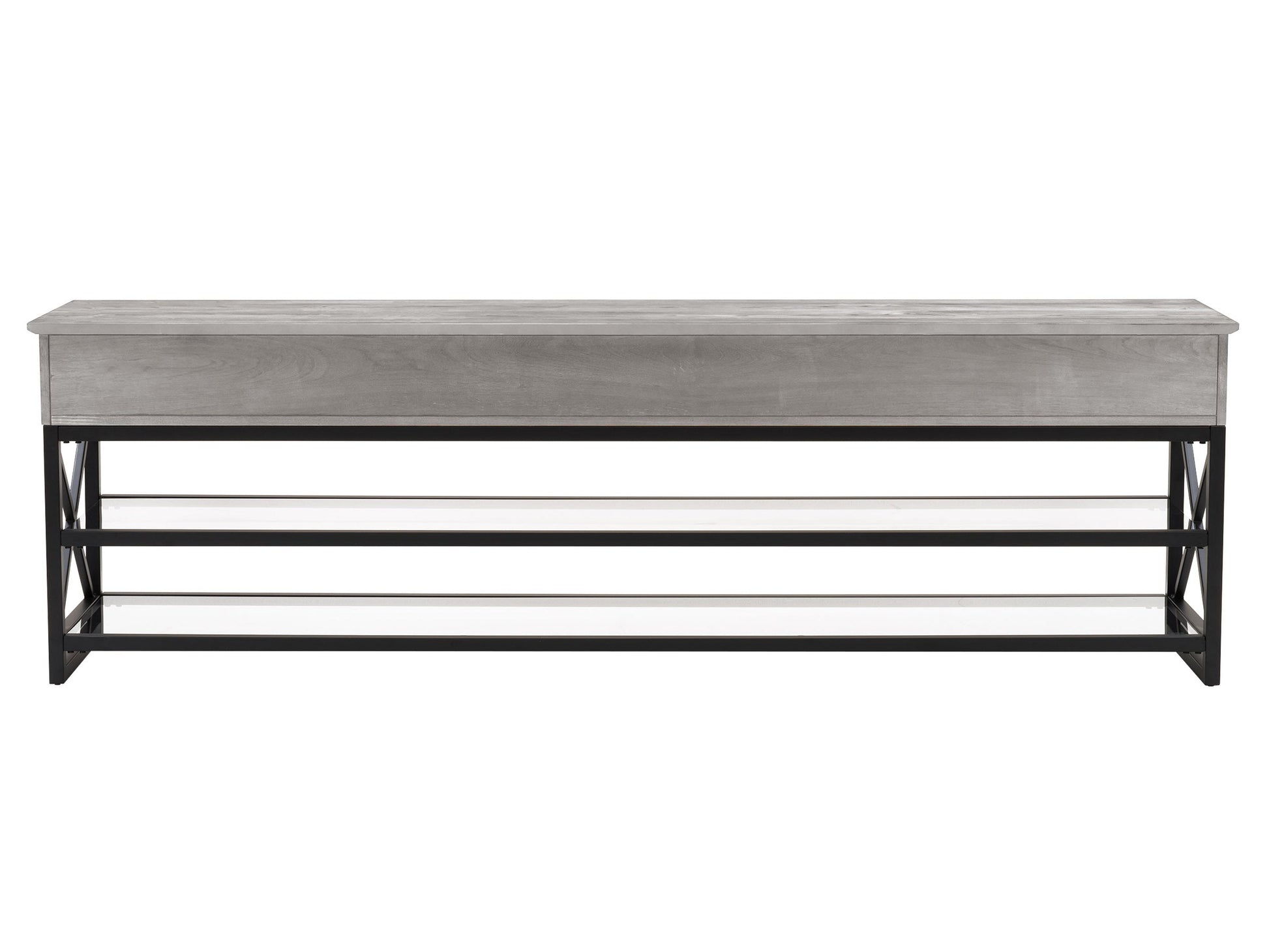 Grey TV stand for TVs up to 95 inches, featuring sleek modern design, durable wood construction, two spacious open shelves, and a minimalist style perfect for contemporary living rooms.