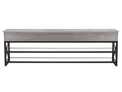 Grey TV stand for TVs up to 95 inches, featuring sleek modern design, durable wood construction, two spacious open shelves, and a minimalist style perfect for contemporary living rooms.