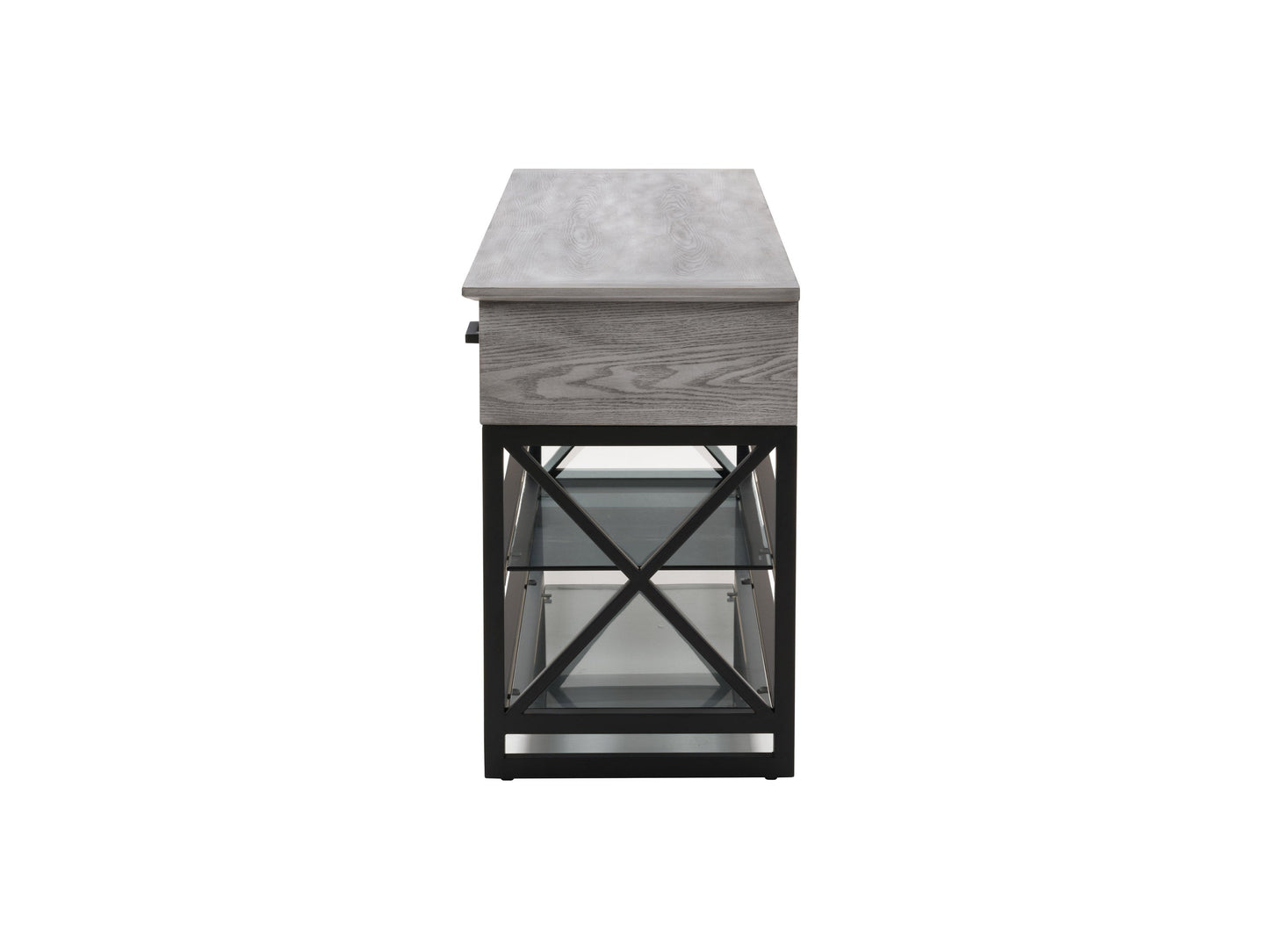 Grey TV stand for TVs up to 95 inches, featuring sleek modern design, durable wood construction, two spacious open shelves, and a minimalist style perfect for contemporary living rooms.