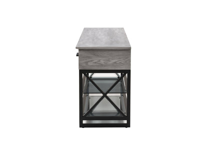 Grey TV stand for TVs up to 95 inches, featuring sleek modern design, durable wood construction, two spacious open shelves, and a minimalist style perfect for contemporary living rooms.