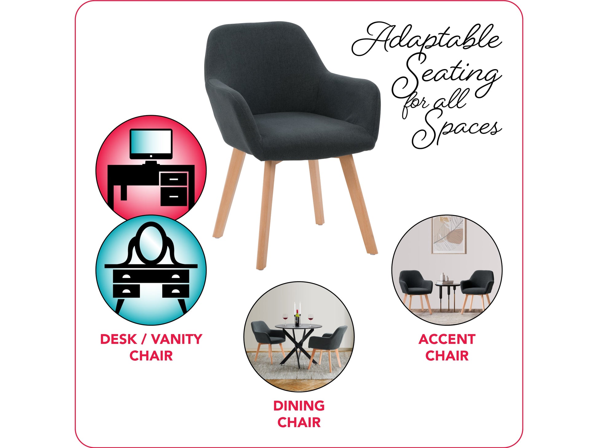 Dark grey dining chairs set of 2, featuring cushioned seats with soft fabric upholstery, sleek wooden legs, and a modern design perfect for contemporary dining rooms.