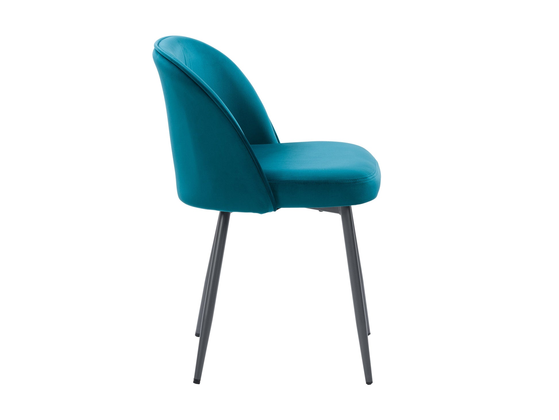 Teal velvet dining chair with gold metal legs, featuring a curved backrest and plush cushioning for luxurious comfort and modern elegance. Ideal for contemporary dining rooms or stylish home offices.