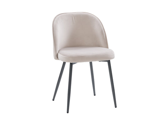 Beige velvet dining chair with gold metal legs, tufted backrest, and curved, modern design.