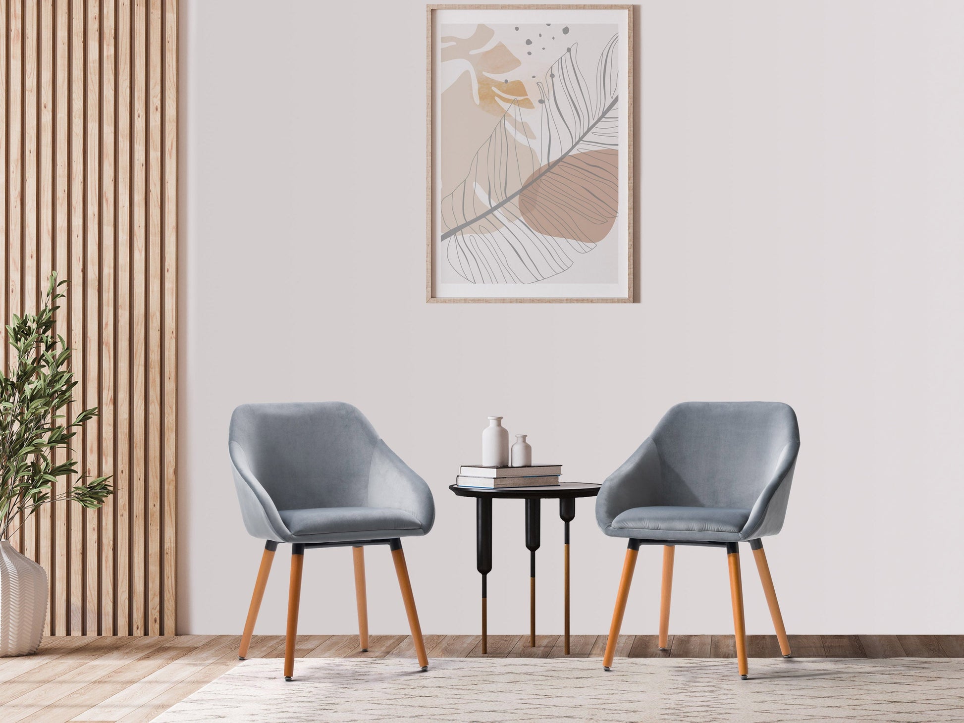 Set of 2 grey velvet dining chairs with tufted backs, sleek black metal legs, and plush cushioning for modern dining rooms.