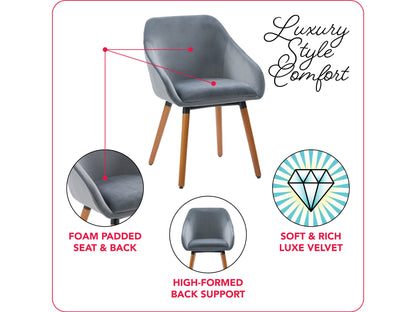 Set of 2 grey velvet dining chairs with tufted backs, sleek black metal legs, and plush cushioning for modern dining rooms.
