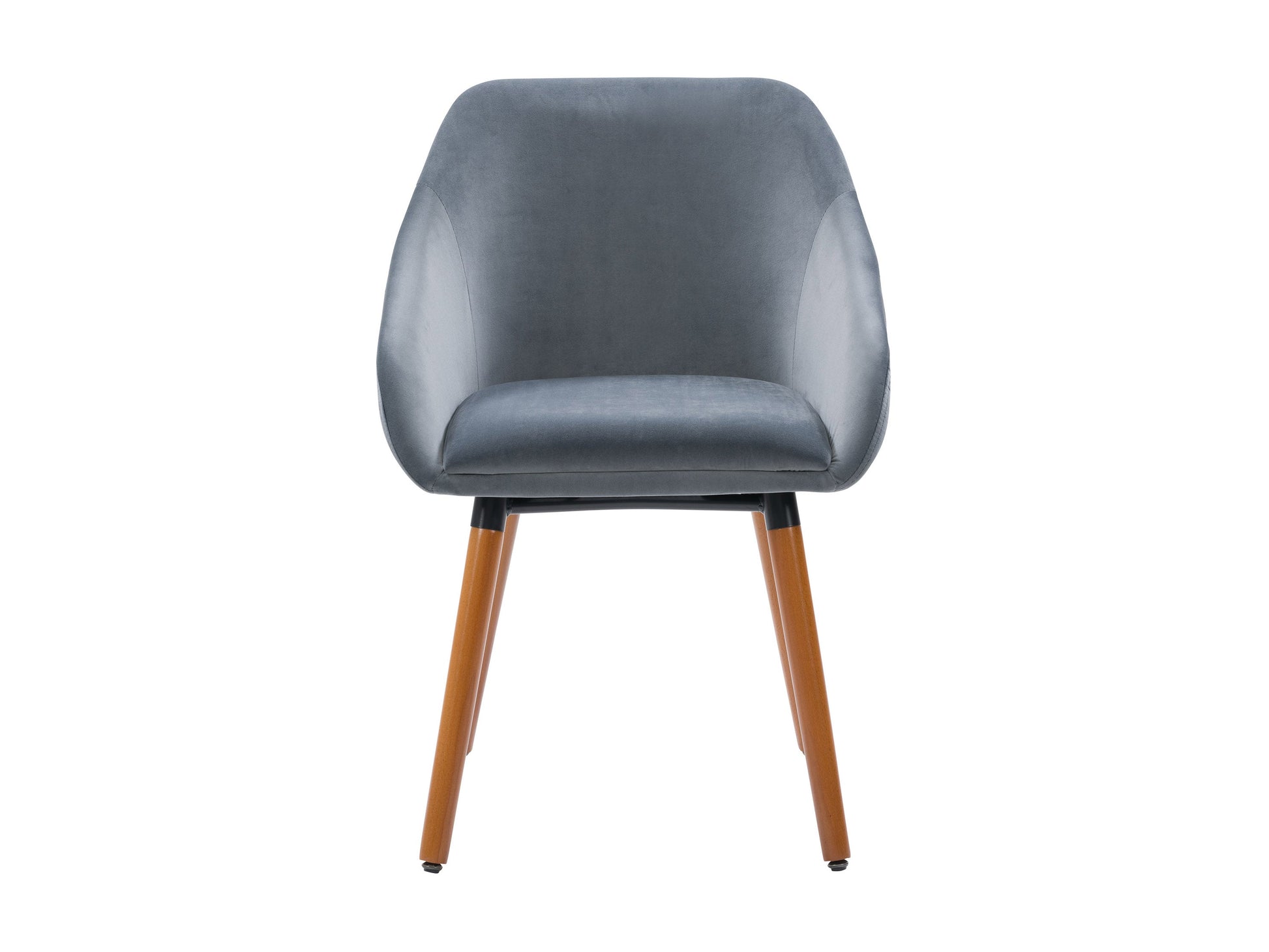 Set of 2 grey velvet dining chairs with tufted backs, sleek black metal legs, and plush cushioning for modern dining rooms.