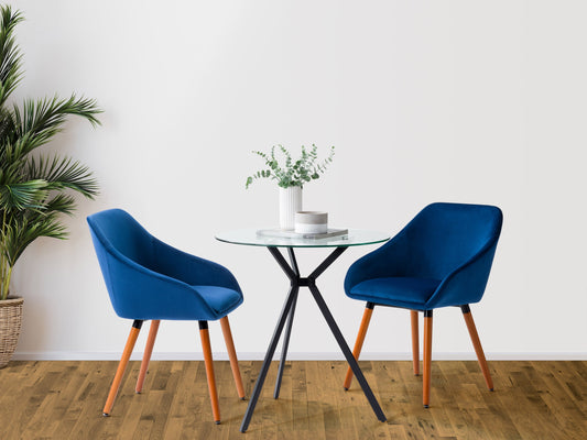 Navy blue velvet dining chairs set of 2 with gold metal legs, quilted backrest, and cushioned seat for elegant dining room decor.