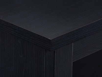 Black TV stand for TVs up to 95 inches, featuring sleek modern design, sturdy wooden material, open shelving for media devices, and cable management system for a clutter-free setup.