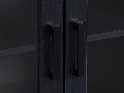 Black TV stand for TVs up to 95 inches, featuring sleek modern design, sturdy wooden material, open shelving for media devices, and cable management system for a clutter-free setup.