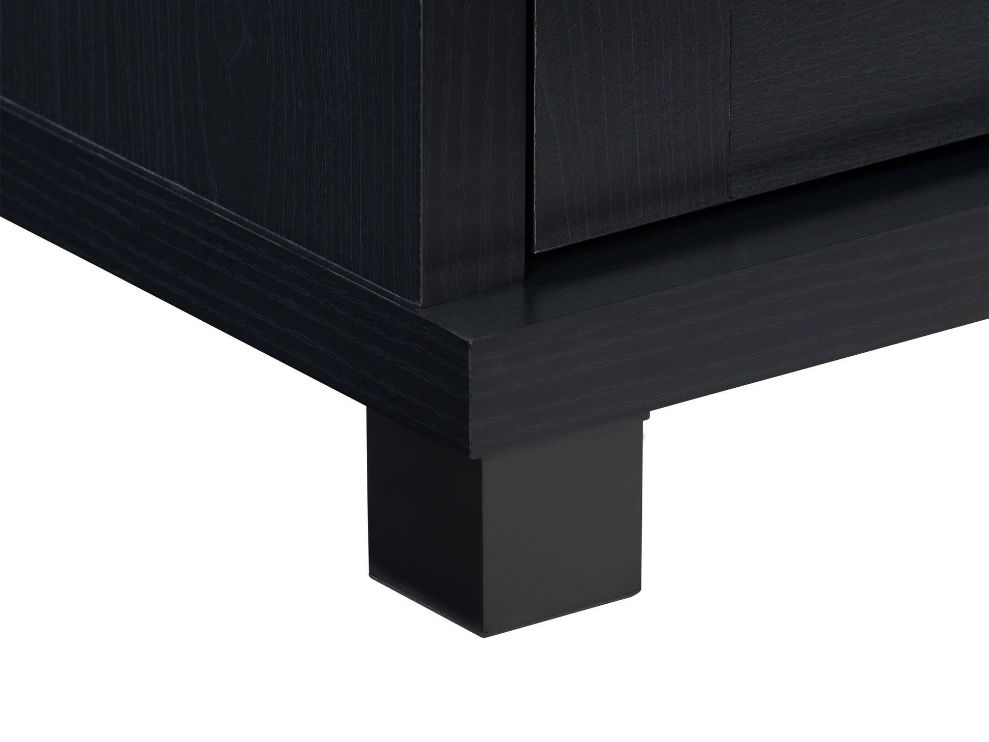 Black TV stand for TVs up to 95 inches, featuring sleek modern design, sturdy wooden material, open shelving for media devices, and cable management system for a clutter-free setup.
