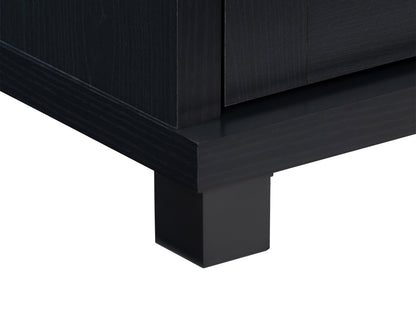 Black TV stand for TVs up to 95 inches, featuring sleek modern design, sturdy wooden material, open shelving for media devices, and cable management system for a clutter-free setup.