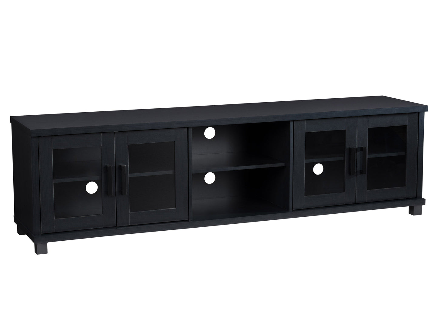 Black TV stand for TVs up to 95 inches, featuring sleek modern design, sturdy wooden material, open shelving for media devices, and cable management system for a clutter-free setup.
