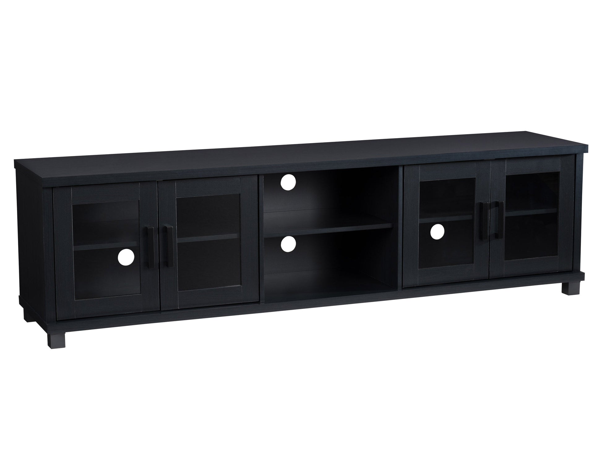 Black TV stand for TVs up to 95 inches, featuring sleek modern design, sturdy wooden material, open shelving for media devices, and cable management system for a clutter-free setup.