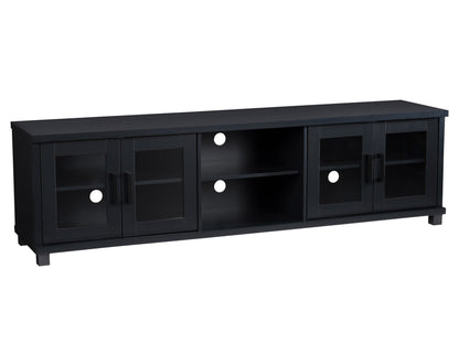 Black TV stand for TVs up to 95 inches, featuring sleek modern design, sturdy wooden material, open shelving for media devices, and cable management system for a clutter-free setup.