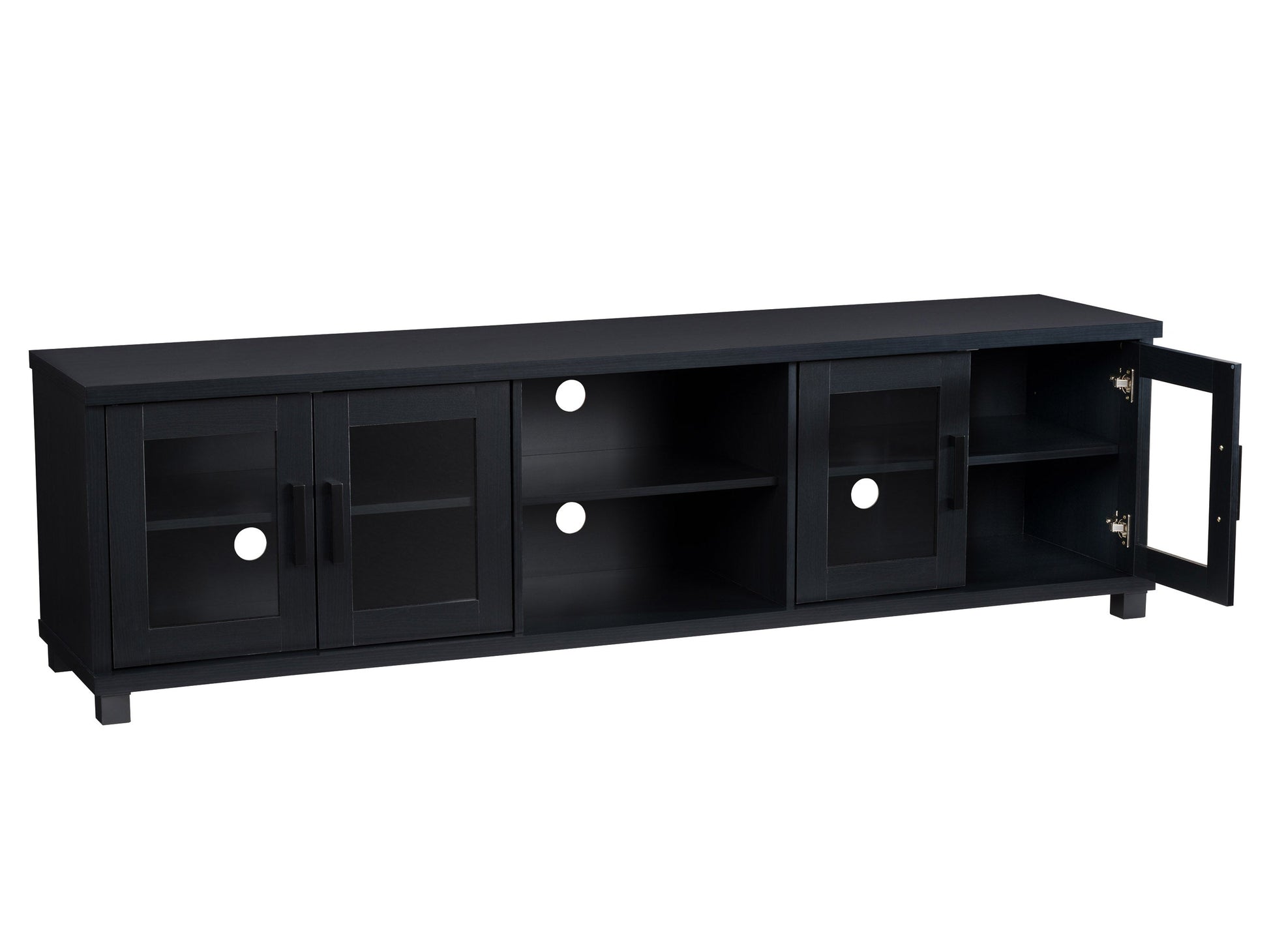 Black TV stand for TVs up to 95 inches, featuring sleek modern design, sturdy wooden material, open shelving for media devices, and cable management system for a clutter-free setup.