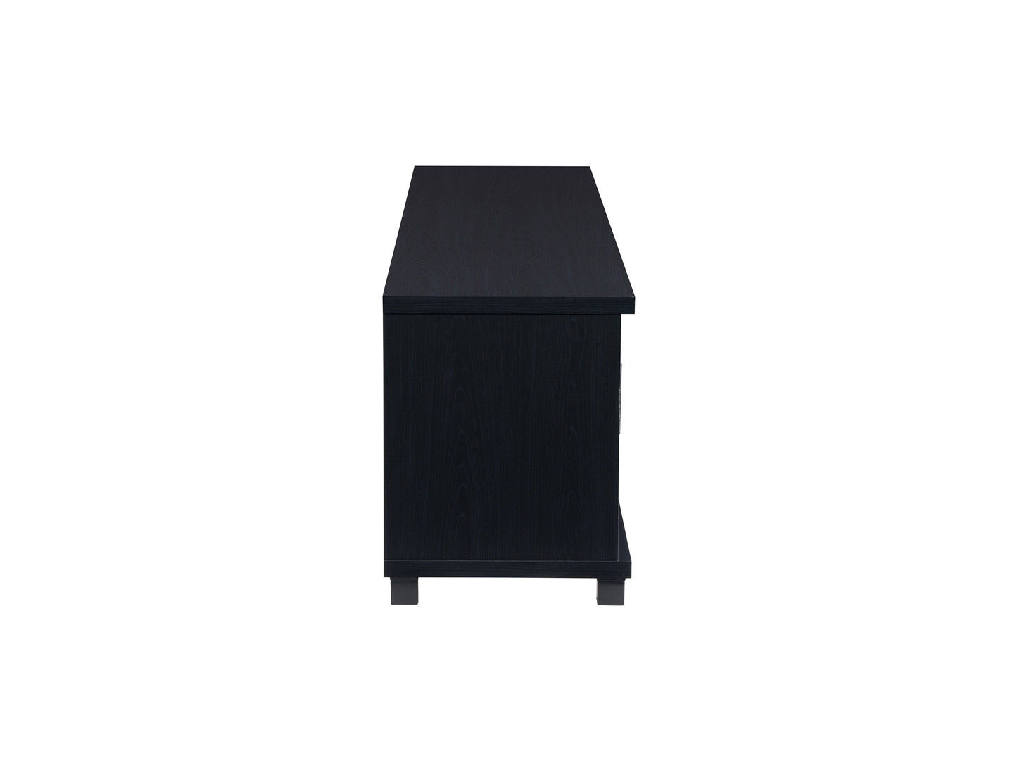 Black TV stand for TVs up to 95 inches, featuring sleek modern design, sturdy wooden material, open shelving for media devices, and cable management system for a clutter-free setup.