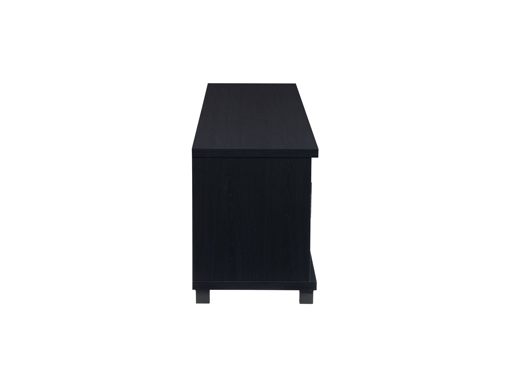 Black TV stand for TVs up to 95 inches, featuring sleek modern design, sturdy wooden material, open shelving for media devices, and cable management system for a clutter-free setup.