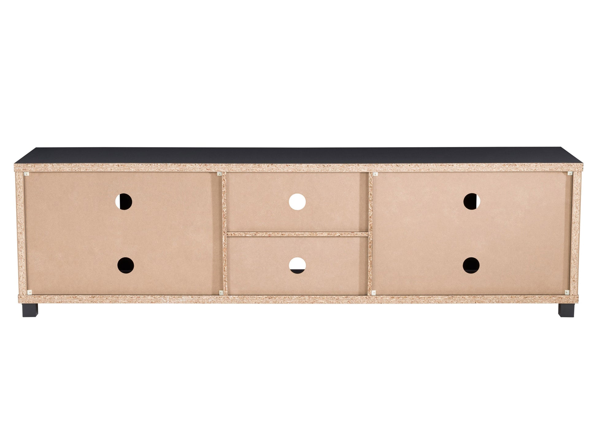 Black TV stand for TVs up to 95 inches, featuring sleek modern design, sturdy wooden material, open shelving for media devices, and cable management system for a clutter-free setup.