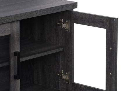 Dark grey TV stand for TVs up to 95 inches, featuring a sleek modern design, sturdy wooden construction, and ample storage with open shelves and closed cabinets. Ideal for contemporary living rooms.