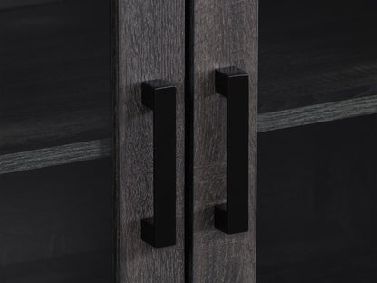 Dark grey TV stand for TVs up to 95 inches, featuring a sleek modern design, sturdy wooden construction, and ample storage with open shelves and closed cabinets. Ideal for contemporary living rooms.