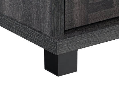 Dark grey TV stand for TVs up to 95 inches, featuring a sleek modern design, sturdy wooden construction, and ample storage with open shelves and closed cabinets. Ideal for contemporary living rooms.