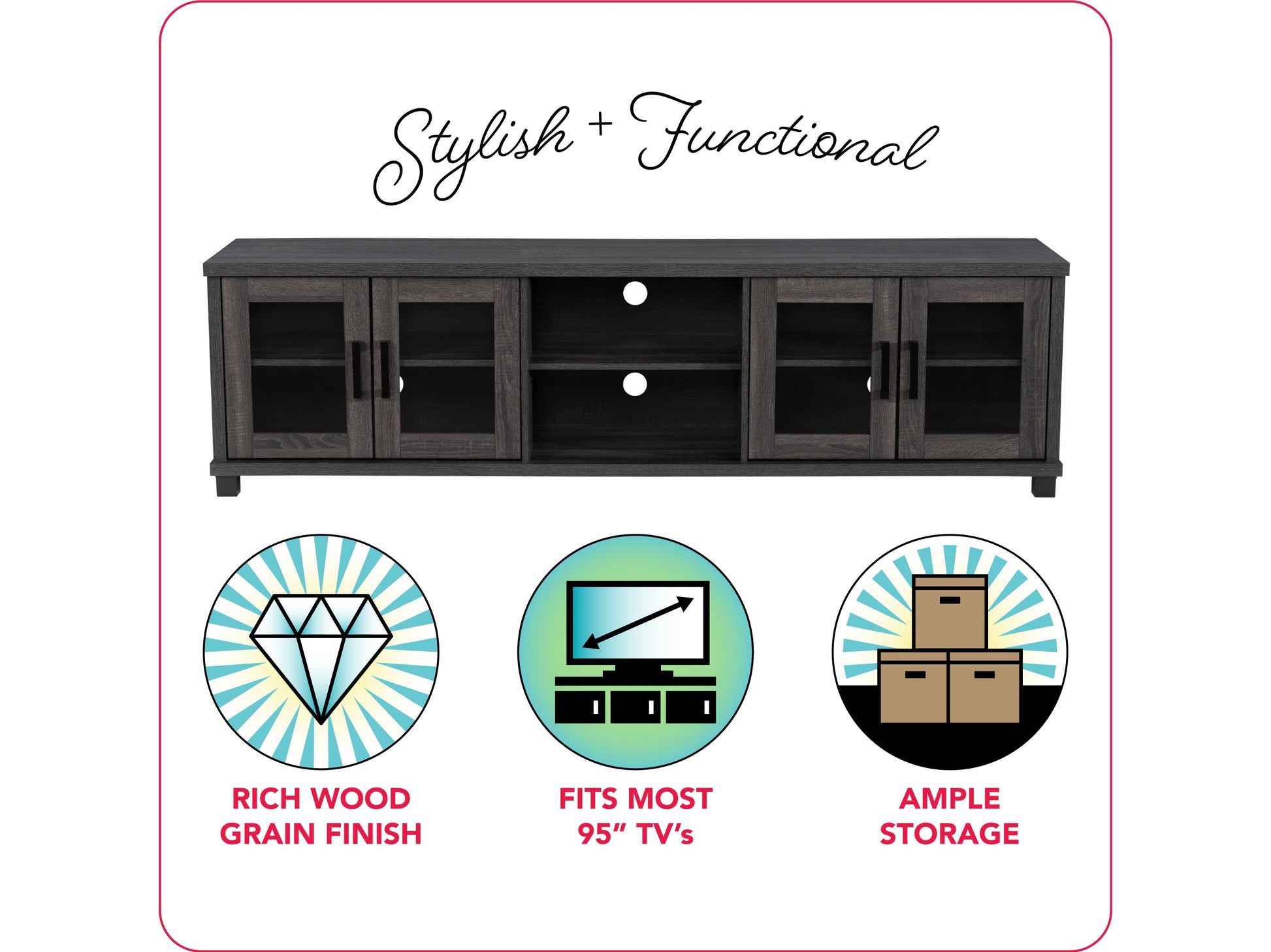 Dark grey TV stand for TVs up to 95 inches, featuring a sleek modern design, sturdy wooden construction, and ample storage with open shelves and closed cabinets. Ideal for contemporary living rooms.