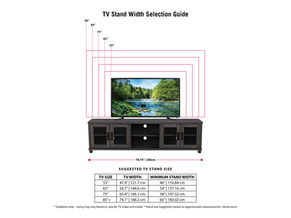 Dark grey TV stand for TVs up to 95 inches, featuring a sleek modern design, sturdy wooden construction, and ample storage with open shelves and closed cabinets. Ideal for contemporary living rooms.